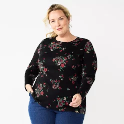 Plus Size Croft & Barrow® Essential Crewneck Long Sleeve Tee -Kohl's store 4470907 Black Pink Paisley