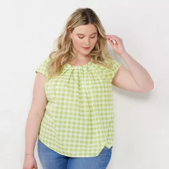 Plus Size LC Lauren Conrad Pleated Flowy Cap-Sleeve Top 16 Plus Size LC Lauren Conrad Pleated Flowy Cap-Sleeve Top -Kohl's store 5245796 Green Gingham