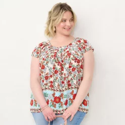 Plus Size LC Lauren Conrad Pleated Flowy Cap-Sleeve Top 17 Plus Size LC Lauren Conrad Pleated Flowy Cap-Sleeve Top -Kohl's store 5245796 Peach Border Print