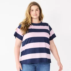 Plus Size Sonoma Goods For Life® Everyday Crewneck Tee -Kohl's store 5259072 Purp Navy Rugby Stripe