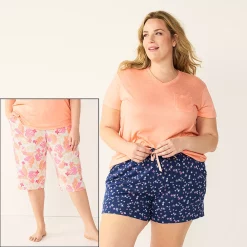 Plus Size Croft & Barrow® 3-Piece Pajama Top, Pajama Shorts & Pajama Skimmers Sleep Set -Kohl's store 5317544 White Tropical