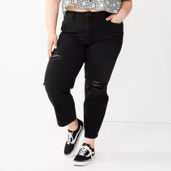 Juniors' Plus Size SO® High-Waisted Ankle Straight Jeans -Kohl's store 5473228 Black Destructed