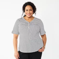 Plus Croft & Barrow Roll-Tab Utility Henley Top -Kohl's store 5485813 Black Tiny Stripe