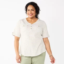 Plus Croft & Barrow Roll-Tab Utility Henley Top -Kohl's store 5485813 Khaki Tiny Stripe