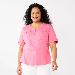 Plus Croft & Barrow Roll-Tab Utility Henley Top -Kohl's store 5485813 Pink Melon