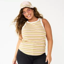 Juniors' Plus Size SO® High Neck Ribbed Tank Top -Kohl's store 5524345 Cream Olive Stripe