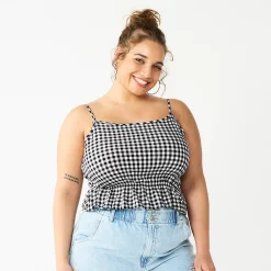 Juniors' Plus Size SO® Cropped Cinch-Waist Tank -Kohl's store 5548387 Black Gingham Plaid