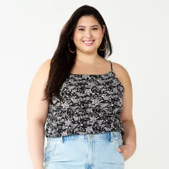 Juniors' Plus Size SO® Cropped Cinch-Waist Tank -Kohl's store 5548387 Black White Floral