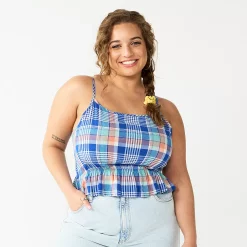 Juniors' Plus Size SO® Cropped Cinch-Waist Tank -Kohl's store 5548387 Blue Teal Plaid