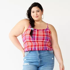 Juniors' Plus Size SO® Cropped Cinch-Waist Tank -Kohl's store 5548387 Red Purple Plaid