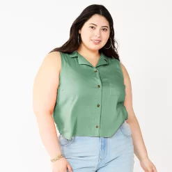 Juniors' Plus Size SO® Cropped Sleeveless Button Down Top 12 Juniors' Plus Size SO® Cropped Sleeveless Button Down Top -Kohl's store 5549541 Unique Green