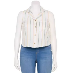 Juniors' Plus Size SO® Cropped Sleeveless Button Down Top 11 Juniors' Plus Size SO® Cropped Sleeveless Button Down Top -Kohl's store 5549541 White Multi Stripe