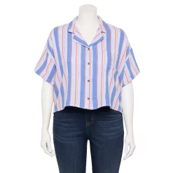 Juniors' Plus Size SO® Cropped Button Down Shirt 15 Juniors' Plus Size SO® Cropped Button Down Shirt -Kohl's store 5552605 Blue Red Stripe