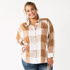 Juniors' Plus Size SO® Long Sleeve Button Down Shirt -Kohl's store 5566167 Cream Brown Gingham