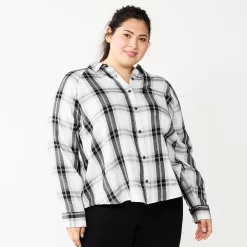 Juniors' Plus Size SO® Long Sleeve Button Down Shirt -Kohl's store 5566167 Grey Black Plaid