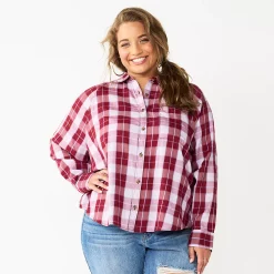 Juniors' Plus Size SO® Long Sleeve Button Down Shirt -Kohl's store 5566167 Lilac Plaid