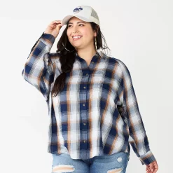 Juniors' Plus Size SO® Long Sleeve Button Down Shirt -Kohl's store 5566167 Navy Brown Plaid