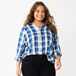 Juniors' Plus Size SO® Long Sleeve Button Down Shirt -Kohl's store 5566167 Navy Plaid