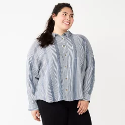 Juniors' Plus Size SO® Long Sleeve Button Down Shirt -Kohl's store 5566167 White Navy Stripe