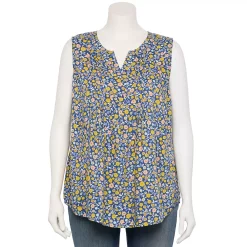 Plus Size Croft & Barrow® Pintuck Splitneck Sleeveless Top -Kohl's store 5567617 Blue Multi Floral