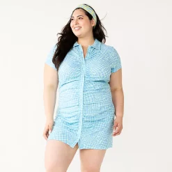 Juniors' Plus Size SO® Ruched Button-Down Bodycon Dress -Kohl's store 5569982 Blue Check