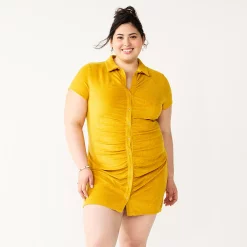 Juniors' Plus Size SO® Ruched Button-Down Bodycon Dress -Kohl's store 5569982 Golden Yellow