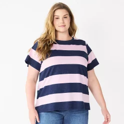 Petite Plus Size Sonoma Goods For Life® Crewneck Tee -Kohl's store 5572597 Purp Navy Rugby Stripe