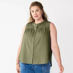 Plus Size Sonoma Goods For Life® Solid Ruffled Button-Front Tank -Kohl's store 5575169 Olive Night