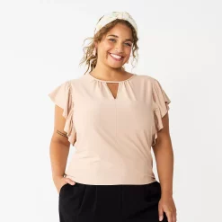 Juniors' Plus Size SO® Flutter Sleeve Keyhole Top -Kohl's store 5576810 Beige