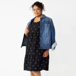 Plus Size Croft & Barrow® Sleeveless Tiered Linen Dress -Kohl's store 5583998 Black Geo