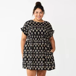 Plus Size Sonoma Goods For Life® Ruffled A-Line Mini Dress -Kohl's store 5584068 Black Ikat