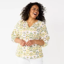 Plus Size Croft & Barrow® Three Quarter Sleeve Peasant Top -Kohl's store 5614026 White Olive Medallion