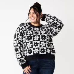 Juniors' Plus Size SO® Fuzzy Cropped Print Sweater -Kohl's store 5666507 Black Cream Check