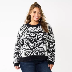 Juniors' Plus Size SO® Fuzzy Cropped Print Sweater -Kohl's store 5666507 Black Cream Marble