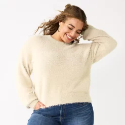 Juniors' Plus Size SO® Fuzzy Cropped Print Sweater -Kohl's store 5666507 English Cream