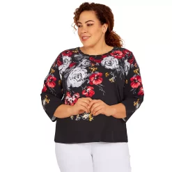 Plus Size Alfred Dunner Empire State Three Quarter Sleeve Floral Print Top