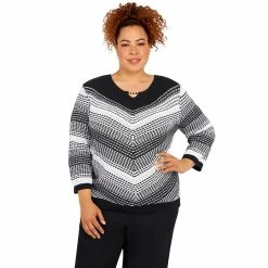 Plus Size Alfred Dunner Empire State Texture Splitneck Three Quarter Sleeve Sweater
