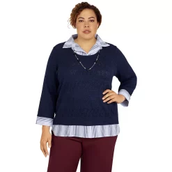 Plus Size Alfred Dunner Sloane Street Pointelle Solid Stripe Woven Trim Sweater