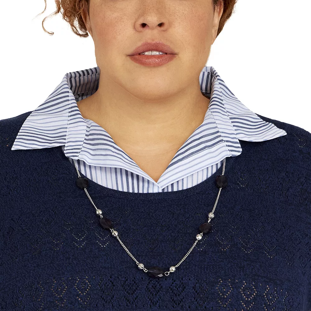 Plus Size Alfred Dunner Sloane Street Pointelle Solid Stripe Woven Trim Sweater 3 Plus Size Alfred Dunner Sloane Street Pointelle Solid Stripe Woven Trim Sweater - Image 3