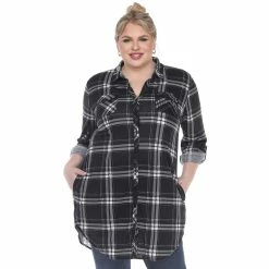 Plus Size White Mark Plaid Button Down Tunic Shirt