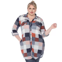 Plus Size White Mark Plaid Button Down Tunic Shirt -Kohl's store 5909007 Blue Brown